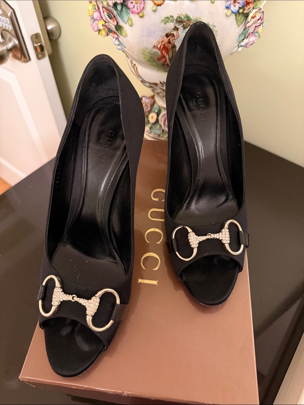 Gucci Black Satin Peep-Toe Pumps with Crystal Horsebit Detail
